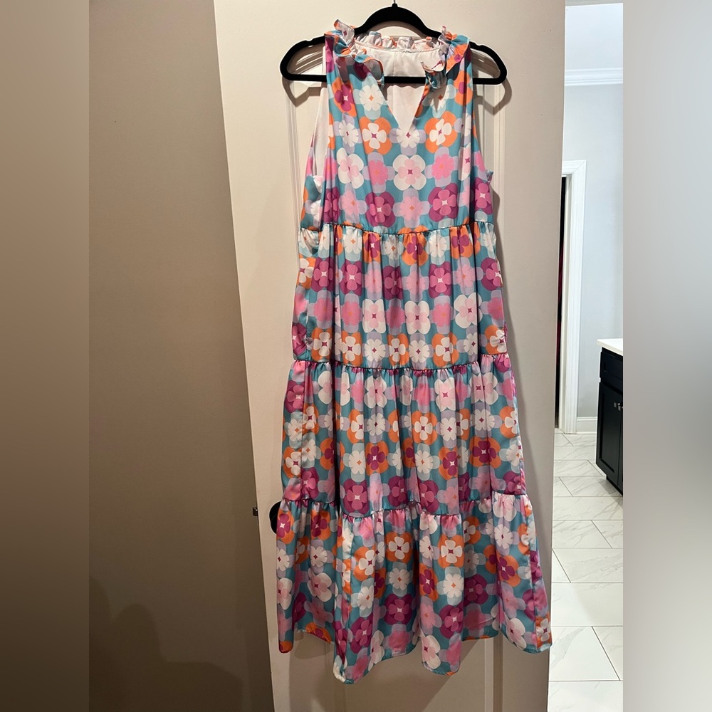 Pink, Purple, Blue, and Orange Tiered Halter Sundress with V-Neck